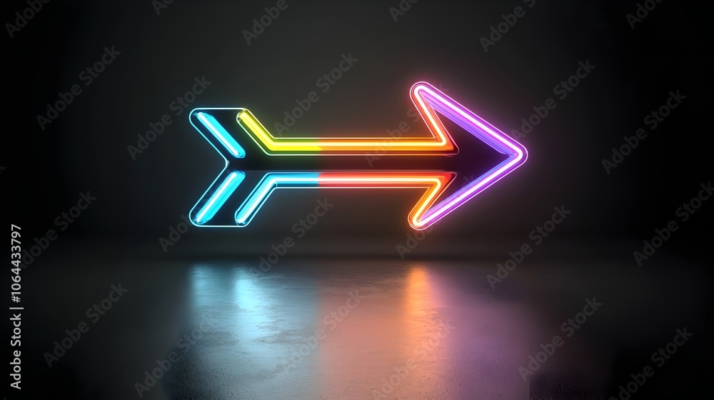 Poster Vibrant colorful arrows created by dynamic beams of glowing light with a sleek speedy appearance against a dark background  This digital graphic represents forward movement energy
