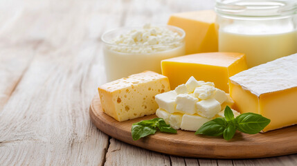 Fresh dairy products showcase, diverse nutrition for healthy living