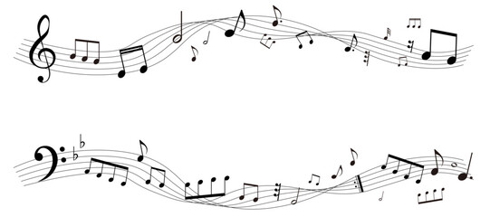 遠近感のある楽譜のフレームイラスト　五線譜　背景イラスト　音符、音楽記号のイラスト