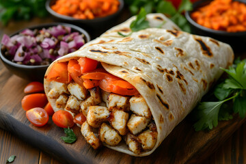 Tasty grilled chicken wrap with fresh tomatoes, onions, and herbs, served with side dishes, perfect for protein-packed meals, healthy eating, lunch, dinner, and fitness diets