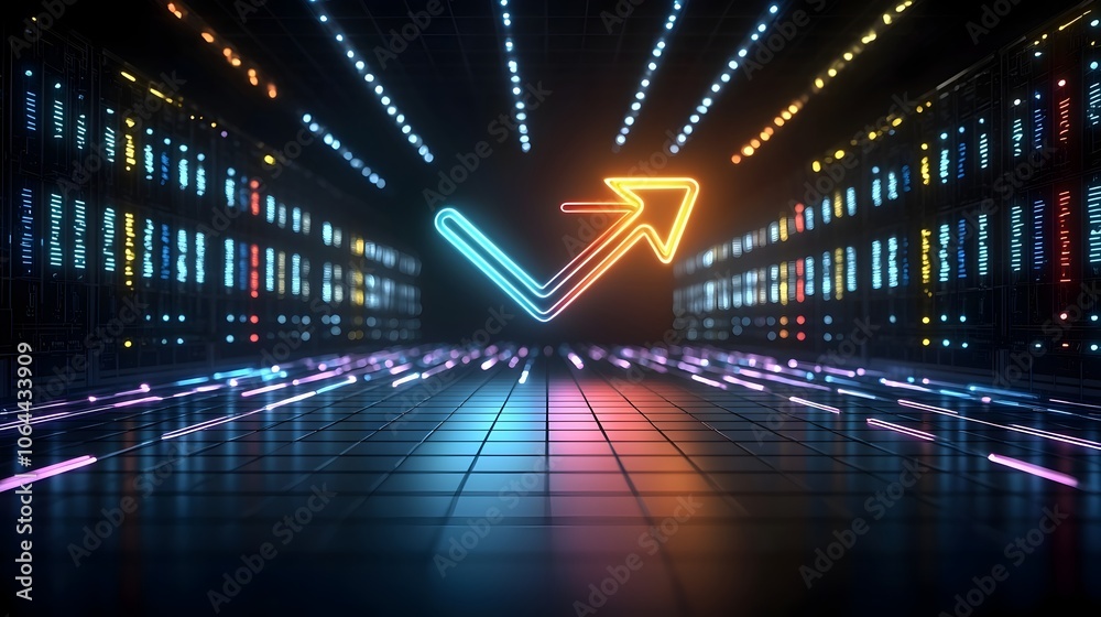Poster Glowing vibrant and colorful arrow shaped beams against a sleek black background creating a dynamic and captivating visual display that conveys a sense of energy technology and futuristic innovation