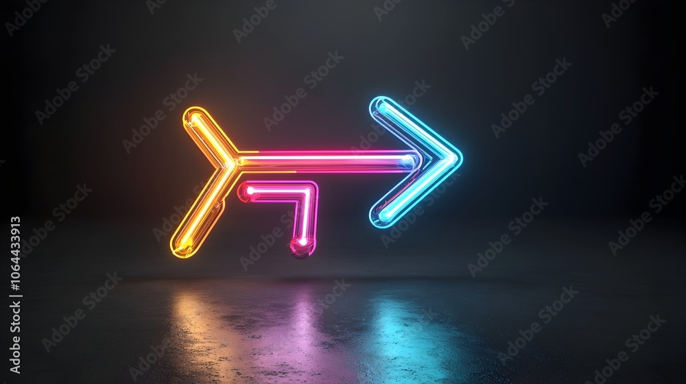Poster Striking and Futuristic Image of Vibrant Colorful Glowing Beams Forming a Dynamic Right Pointing Arrow Over a Sleek Black Background Conveying a Sense of Energy Motion and Technological Innovation