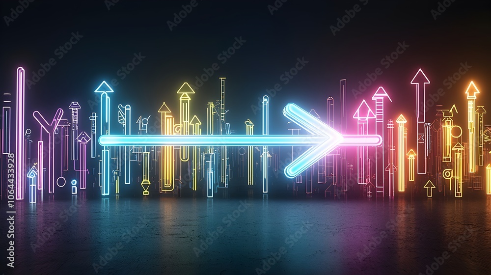 Aufkleber Glowing colorful beams forming an elegant and fast moving abstract arrow pointer design over a black background  The dynamic composition creates a sense of direction energy