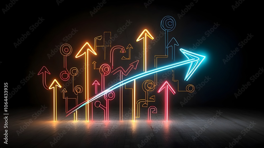 Aufkleber Radiant vibrant and colorful arrow shaped light beams aiming right and emanating a sense of motion energy and dynamic power on a bold black background