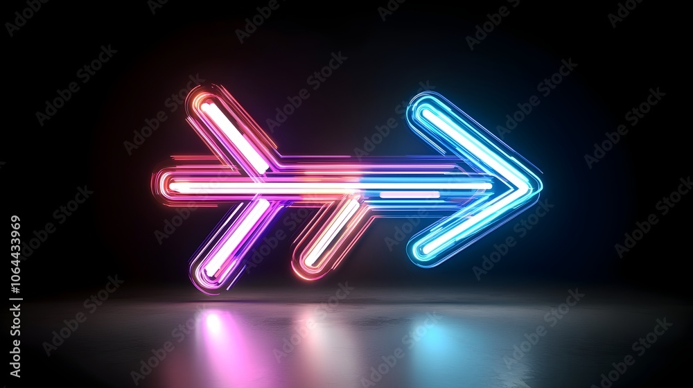 Aufkleber Striking image of a bright glowing arrow shaped pointer with dynamic vibrant light beams in a variety of colors pointing towards the right on a dramatic dark background  This digital has a modern