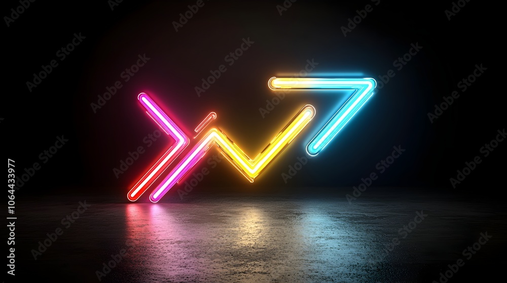 Poster Striking image of a dynamic glowing light arrow in vibrant colors pointing towards the right on a sleek black background creating a futuristic innovative and visually compelling design