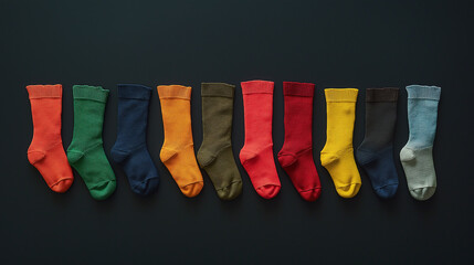 Row of mismatched socks laid out side by side, representing textile waste and loss in a clean, humorous way