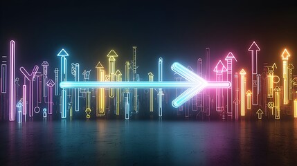 Fototapeta premium Glowing colorful beams forming an elegant and fast moving abstract arrow pointer design over a black background The dynamic composition creates a sense of direction energy