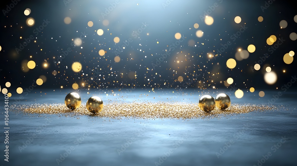 Aufkleber Enchanting scene of golden particles floating weightlessly in the air creating a mesmerizing bokeh effect with shimmering light spots against a dark moody background  The glowing