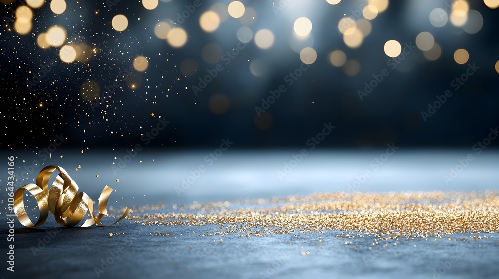 Aufkleber Enchanting ambiance created by scattered golden dust on a black background with soft bokeh and sparkling particles that add a mesmerizing dreamlike to the scene