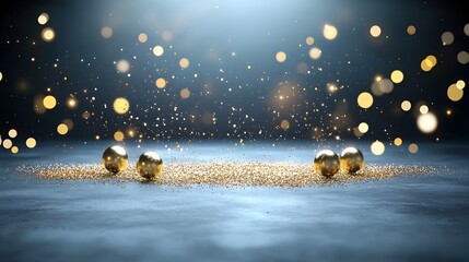 Enchanting scene of golden particles floating weightlessly in the air creating a mesmerizing bokeh effect with shimmering light spots against a dark moody background  The glowing