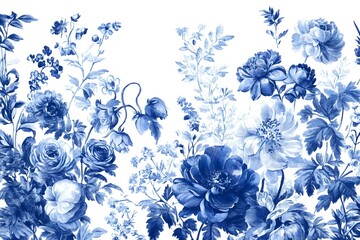 Obraz premium French Floral Toile Blue and White Vintage Illustration