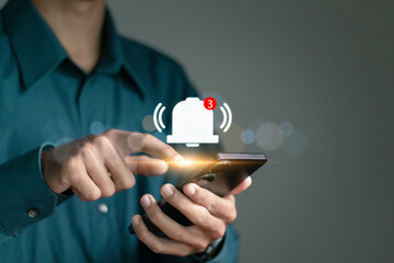 Notification alert concept, Unread messages or email notifications Businessman using smartphone with new messages on application.