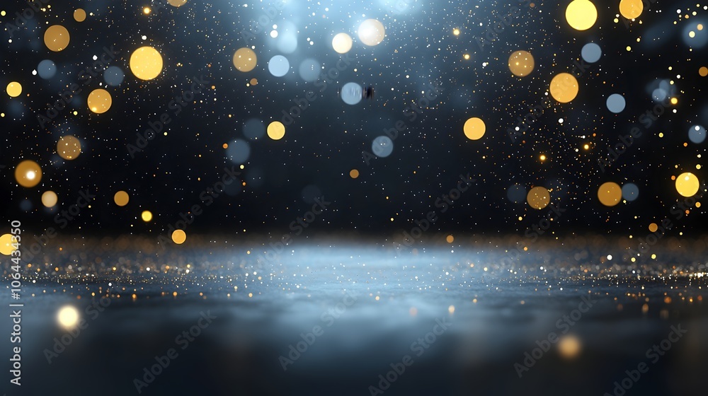 Poster a mesmerizing background created with glowing golden particles and gentle bokeh forming an ethereal 