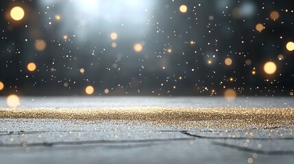 Enchanting dark scene with glistening golden particles and dreamy bokeh effects casting a captivating display of luminous light spots throughout the mysterious background