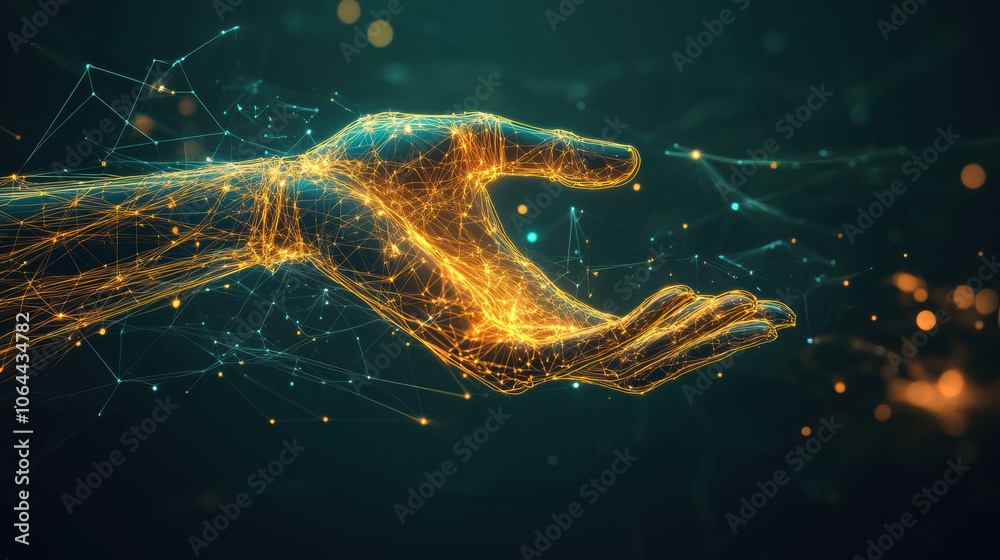 Aufkleber a futuristic representation showcases a prosthetic arm warmly illuminated by neural signals, illustr