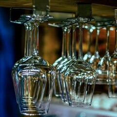 Clean glass cocktail glasses are hanging on the bar counter.