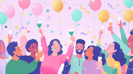 Diverse Group of Friends Celebrating with Champagne and Balloons
