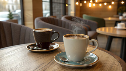 Fototapeta premium Two steaming cups of coffee on a wooden table in a cozy cafe, inviting atmosphere, concept of relaxation and enjoyment 