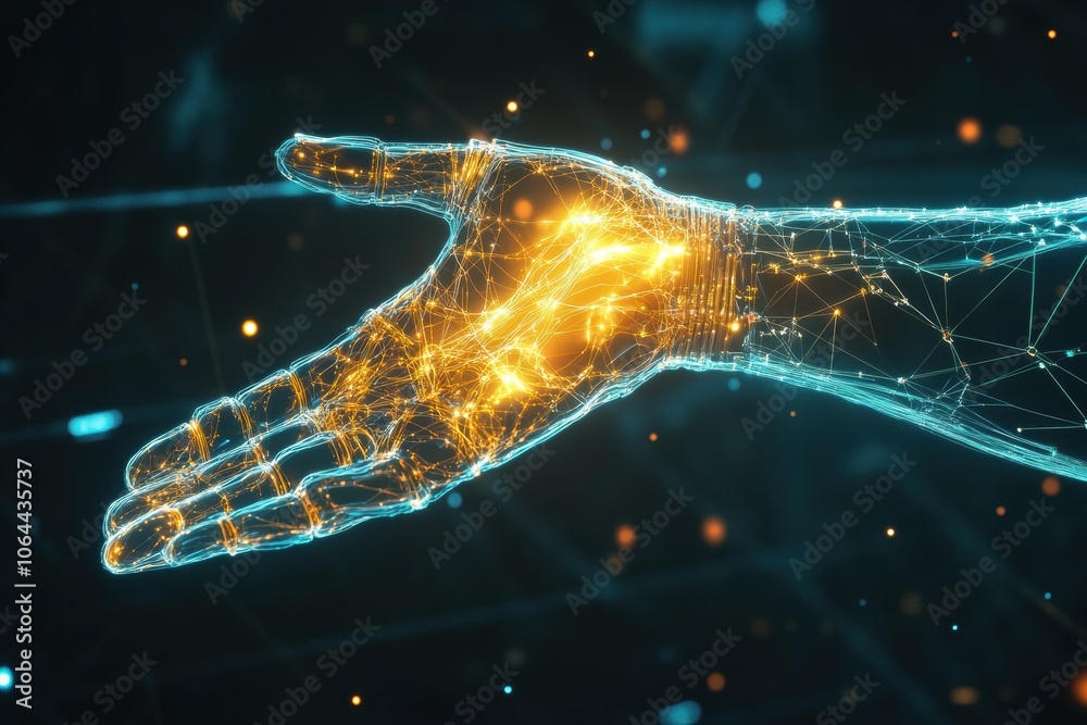 Leinwandbilder an abstract representation showcases a prosthetic arm connected to the brain through glowing neural 