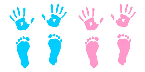 pair of handprints and footprints, right and left infant handprint in two gender boys and girls, blue and pink, new born child, kid birth symbol stamp fingers and palm shape