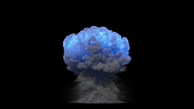 simulation of a nuclear explosion with blue smoke on a dark background