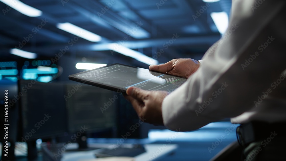 Aufkleber data center admin responsible for installation of networking systems solving tasks in workspace. clo