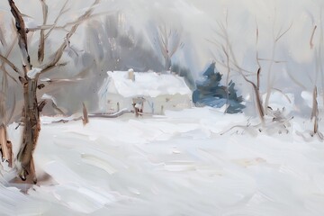 Vintage digital oil painting of a winter landscape for wall decor, art print, fine art, wallpaper, beautiful background design. Generative AI.