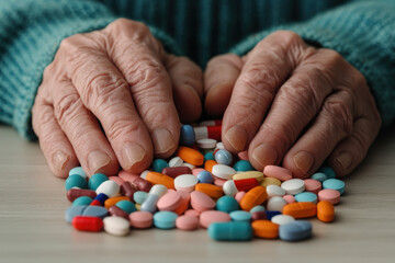 Elderly hands holding various colorful pills and medications on table. scene conveys sense of struggle and importance of health management