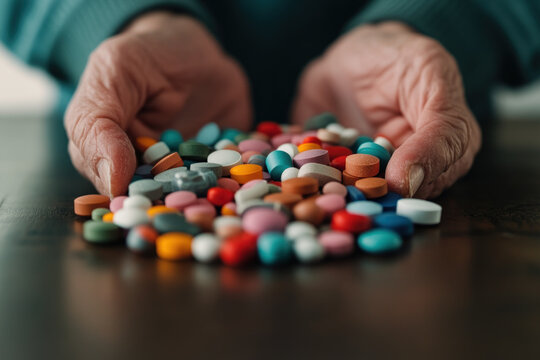 Elderly hands holding variety of colorful pills and medications, symbolizing health challenges and complexity of managing prescriptions
