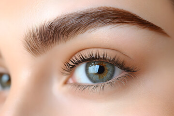 Obraz premium Close-up of a beautiful blue eye with long eyelashes and well-groomed eyebrows, natural makeup, perfect skin, detailed iris, beauty, cosmetics, skincare, eye care
