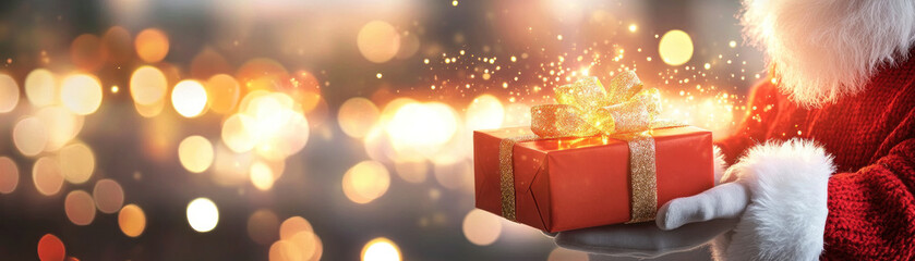 festive Santa Claus holding beautifully wrapped red gift box, surrounded by sparkling lights, creating magical holiday atmosphere