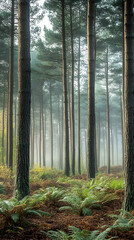 Obraz premium Tall pine trees stand in a dense forest with fog obscuring the distance. The forest floor is covered in ferns and fallen leaves.