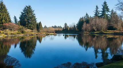 Obraz premium Tranquil pond with mirrored reflections of trees and sky on a calm, sunny day.