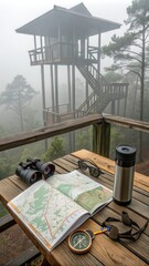 Serene Forest Lookout Station With Map and Binoculars in the Foggy Morning. Generative AI