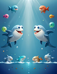 Obraz premium Illustration Background of Whales and Dolphins Blowing Bubbles with Happy Faces in an Ocean Setting