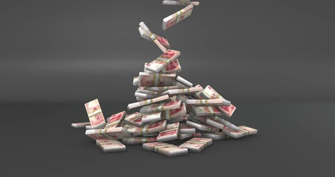 Lot of Chinese renminbi bank note Falling  droop on floor black backround, 4k animation footage 3d rendering