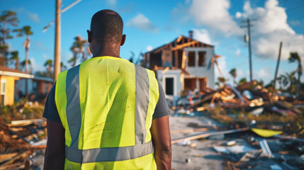 Fototapeta na wymiar Man in reflective vest observing destroyed neighborhood after a hurricane