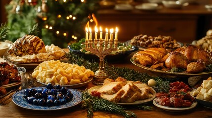 Naklejka premium Festive Table Setting with Holiday Foods and Decorations