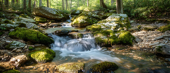 Obraz premium A serene forest creek flows over moss-covered rocks.
