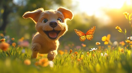 Naklejka premium A happy puppy running towards a butterfly in a field of flowers on a sunny day.