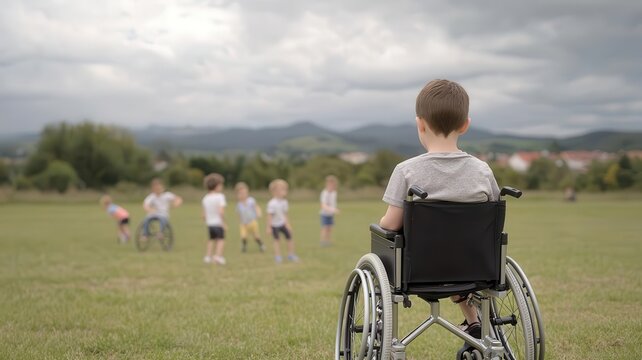 A child in a wheelchair being excluded from a group of children playing, symbolizing social exclusion and disability   disability rights, social exclusion, inequality