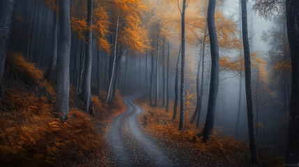 Fototapeta premium A winding path through a foggy forest with autumn leaves, captured in the early morning light