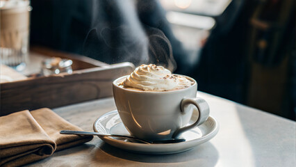 Fototapeta premium Steaming cup of coffee with whipped cream on a saucer, cozy atmosphere, concept of comfort and relaxation 