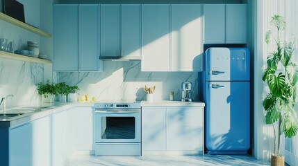 Modern Kitchen Interior with Bright Blue Accents