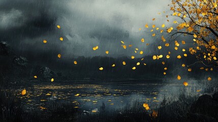 Obraz premium Dark Stormy Landscape with Falling Leaves