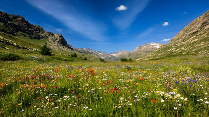 A vibrant wildflower meadow nestled between mountains under a blue sky.