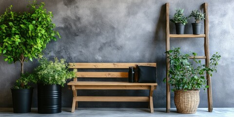 Fototapeta premium Fresh Potted Plants on a Wooden Bench