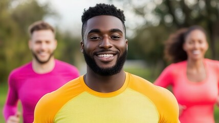 Group of people jogging in a park, smiling and enjoying the benefits of regular exercise   fitness routine, healthy lifestyle