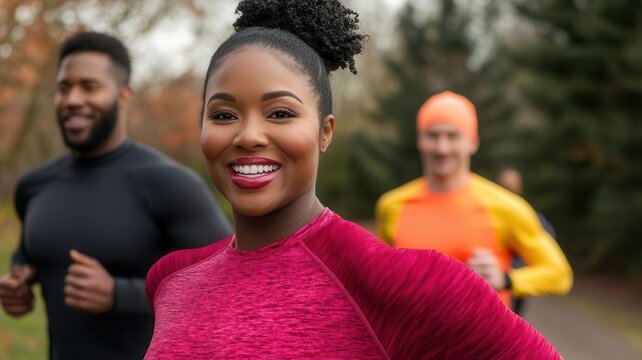 Group of people jogging in a park, smiling and enjoying the benefits of regular exercise   fitness routine, healthy lifestyle